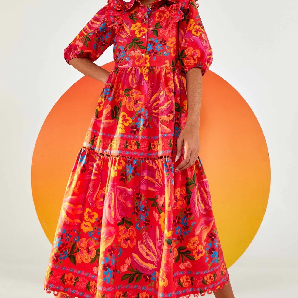 New Farm Rio Red Spring Bananas Tropical Floral Ruffled Midi Dress
